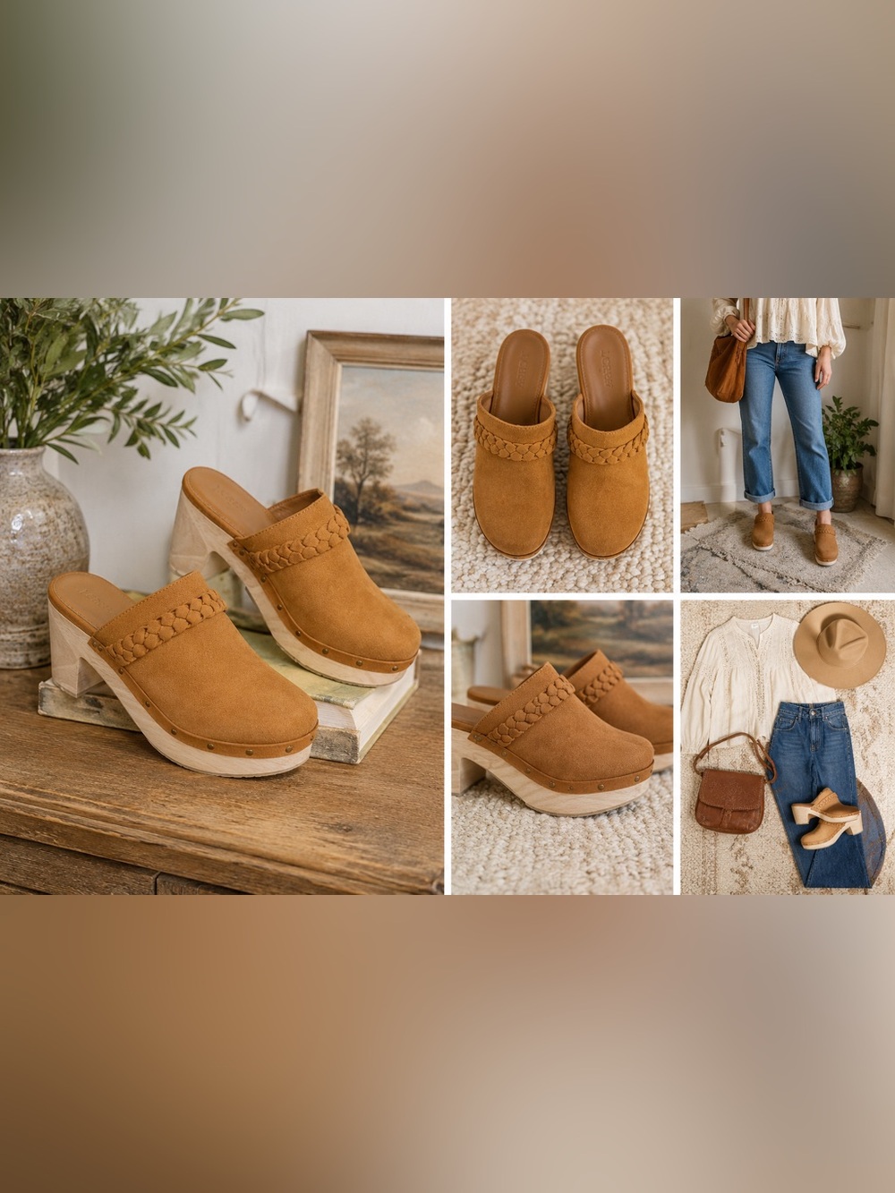 J.Crew Tan Platform Mule Clogs Faux Suede Braided Wood Heel 70s Boho Retro Chic
